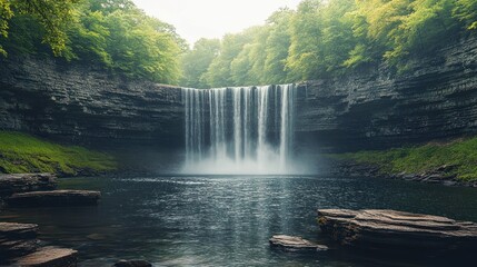 Waterfall cascading into tranquil pool, lush forest backdrop