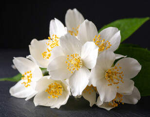 Jasmine Flowers Close-Up: White Petals and Yellow Stamens on Dark Background