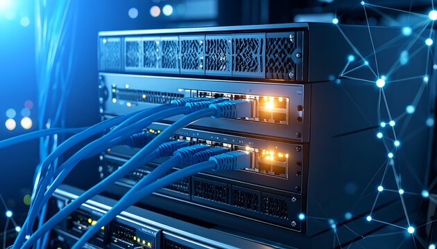 Network equipment in a server rack.  Tech, wired, connected