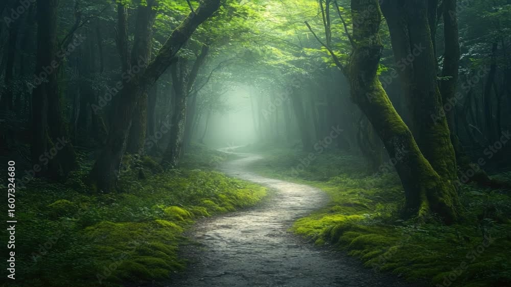 Poster tranquil pathway through lush green forest with soft mist and sunlight filtering through the trees 4