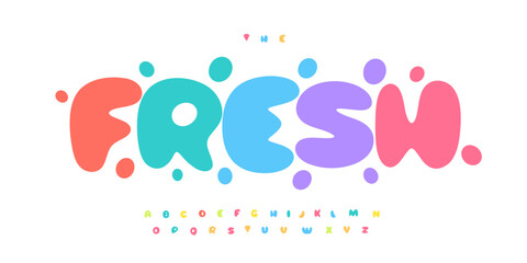 Colorful bubble font, lush rounded letters, sweet zingy alphabet, playful cartoon typeface, juicy kid branding typography, chubby typographic design, popcorn typeface. Vector typeset