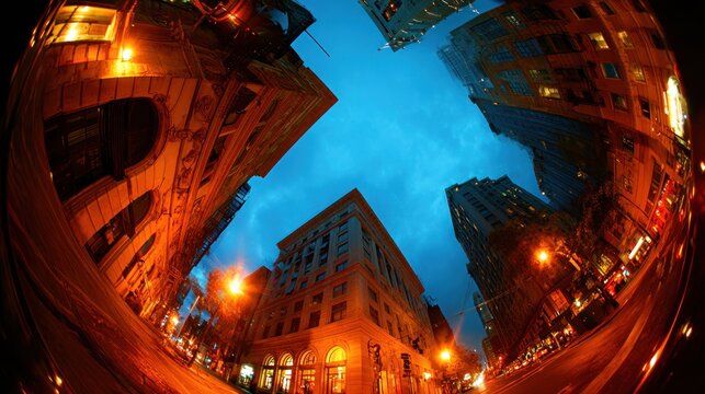 Fisheye view of city buildings at twilight (1)