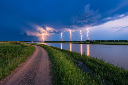 Dramatic thunderstorm with heavy rain and lightning over river