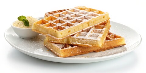 Stacked Waffles with Powdered Sugar and Mint, Dessert , Breakfast