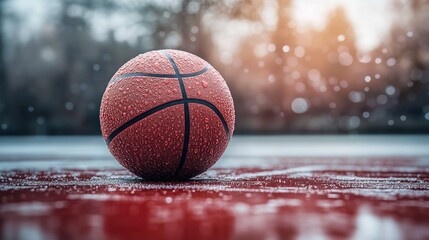 Wet basketball on a snowy court