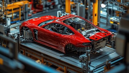 Red sports car chassis in a factory