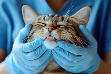 Veterinarian examining a cat's teeth with care in a clinic during a routine checkup