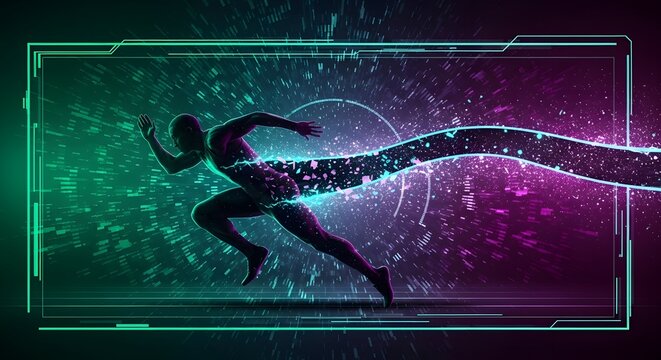 Digital illustration of a silhouetted figure running, with a trail of data and light emanating from the body, set within a futuristic frame.