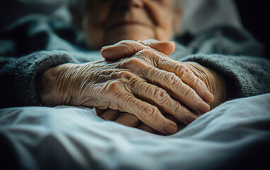 Elderly hands resting on a bed, capturing a moment of peace and reflection in a serene indoor setting