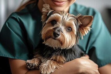Caring veterinary professional holds small dog while providing comfort at the clinic during a busy day