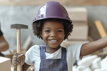 Young black child enjoys construction activity in workshop wearing helmet and holding hammer