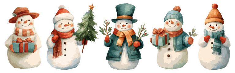 Watercolor christmas snowman set. Winter cute characters snow man with top hat, scarf, christmas tree, clothes. Card vector elements