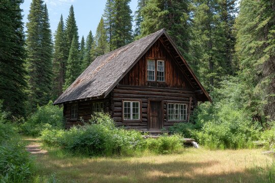 Rustic log cabin nestled amongst tall evergreen trees in a lush forest setting during daytime