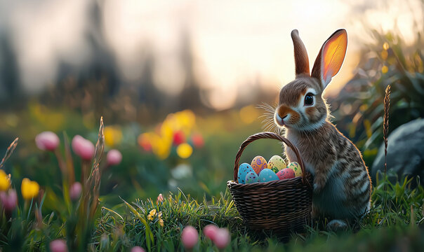 Cute rabbit with basket of colorful Easter eggs on bright spring meadow