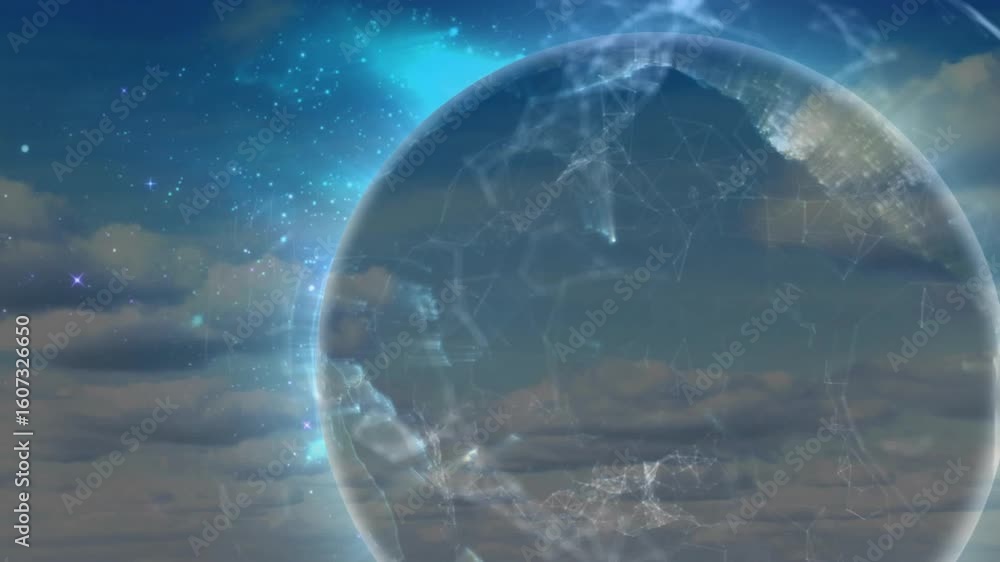 Poster cgi globe appearing triggers network nodes pulsing and sending streaks in rotation to show links