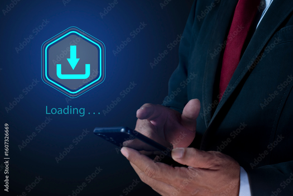 Poster businessman use smartphone with download technology for data storage and transfer on virtual screen.
