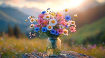 Wildflower bouquet in a glass jar, mountain backdrop