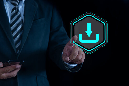 Businessman use smartphone with download technology for data storage and transfer on virtual screen. symbolizing digital data storage, cloud services, technology for transferring files and media.