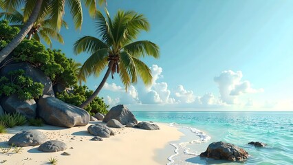 Tropical Sandy Beach with Palm Trees, Blue Sky and Turquoise Water