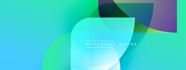 Abstract gradient shapes overlap, creating dynamic visual effect. Turquoise, green, purple hues dominate composition. Minimalist design.