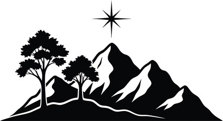 A striking silhouette showcases majestic mountains, lush trees, and a guiding star, perfect for nature lovers, adventure seekers, and those seeking inspiration.