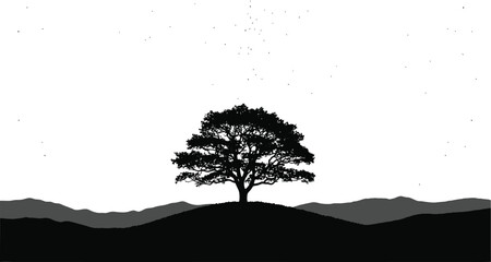 A solitary tree silhouette stands atop a hill, set against a backdrop of rolling mountains, creating a serene and minimalist landscape with a monochrome aesthetic.