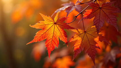 Vibrant Autumn Leaves: Glowing orange and red foliage in soft sunlight