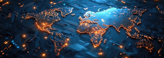 Global map with glowing outlines and illuminated points