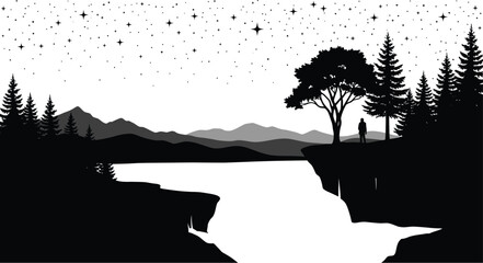 A serene silhouette landscape features a person standing near trees under a starry sky, with mountains and a river adding depth to the tranquil scene.