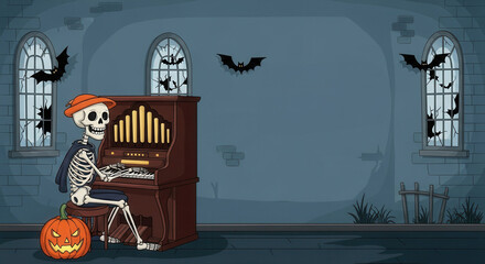 Halloween Skeleton Playing Organ with Jack-o'-Lantern and Bats in Spooky Room