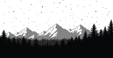 A serene mountain landscape illustration showcases a silhouette of pine trees under a starry sky, evoking a sense of tranquility and natural beauty in a minimalist style.