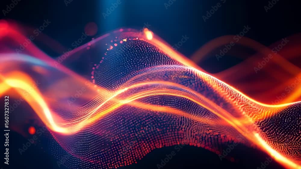 Poster vibrant orange light particle wave flowing with elegant motion on a dark background