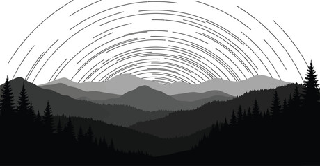 A serene mountain landscape illustration showcases layered hills, silhouetted trees, and stylized star trails, creating a peaceful and nature-inspired graphic design.