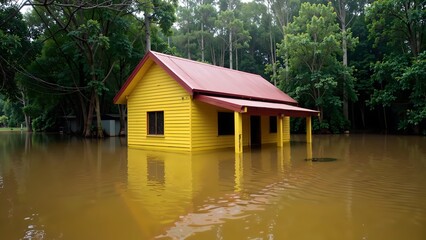Fototapeta premium Flooded Yellow House with Red Roof Surrounded by Murky Water and Green Trees