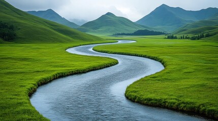 Winding river through lush green valley