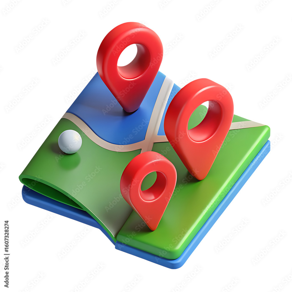 Poster 3d icon of three red location pins stand on a colorful map, isolated on transparent background