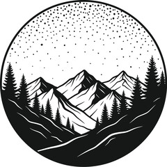Majestic mountain peaks and evergreen trees are silhouetted against a starry night sky, all encapsulated within a circular frame, creating a serene nature scene.