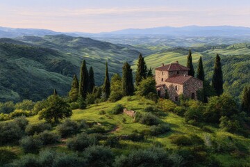 Fototapeta premium Serene tuscan countryside estate with cypress trees and rolling green hills under a soft sky
