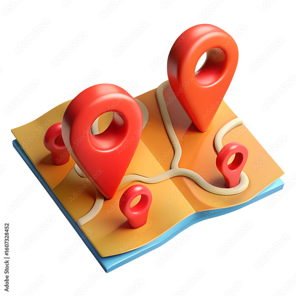 Poster 3d icon of a colorful map with several red location pins indicates destinations isolated on transpar