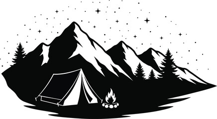 Experience the great outdoors with this camping adventure featuring a tent, campfire, mountains, trees, and stars, perfect for nature lovers and outdoor enthusiasts.
