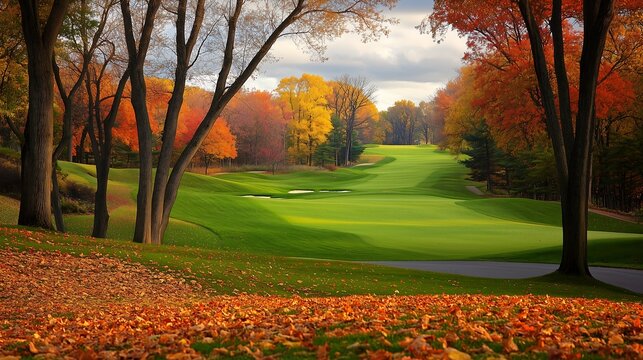 A serene autumn landscape featuring a lush golf course embraced by colorful fall foliage.