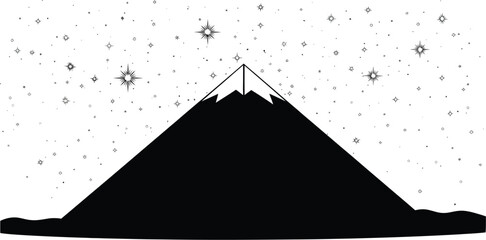A celestial mountainscape showcases a stark black mountain silhouette beneath a twinkling night sky filled with numerous stars, creating a serene and minimalist design.