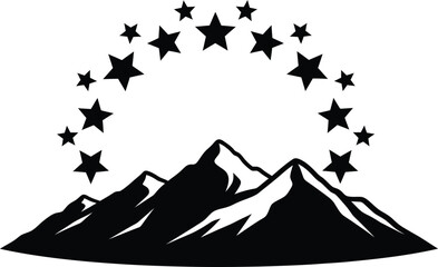 Majestic mountain peaks are crowned by a celestial arc of stars, creating a striking black and white graphic design ideal for logos and branding.