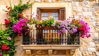 Ornate balcony overflowing with vibrant flowers