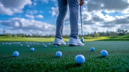 A focused male golfer prepares to tee off amidst scattered golf balls on the lush green course.