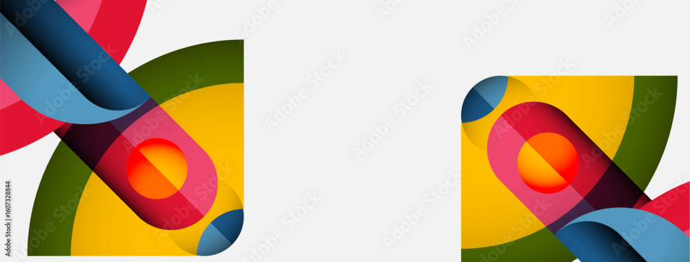 Poster abstract colorful design features overlapping ribbons, circles, squares. bright hues create dynamic 