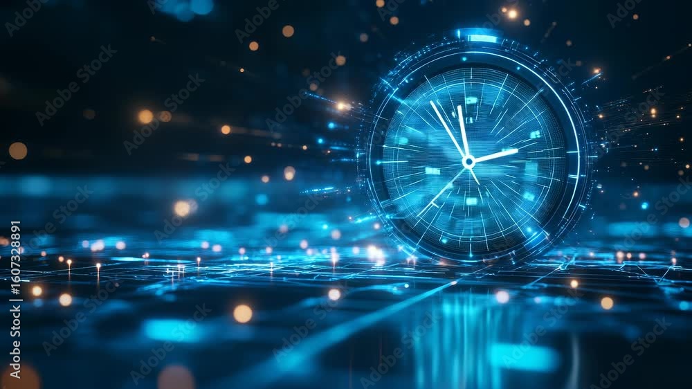 Poster digital clock on a technological background depicting time in the digital era concept