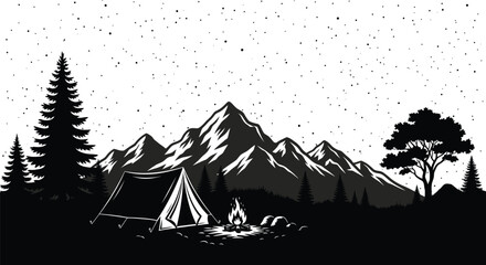 Experience the great outdoors with this black and white camping scene featuring a tent, campfire, mountains, and starry sky, perfect for adventure and nature lovers.