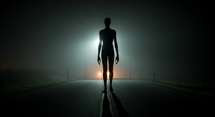 "Mysterious Figure in Foggy Road at Night"