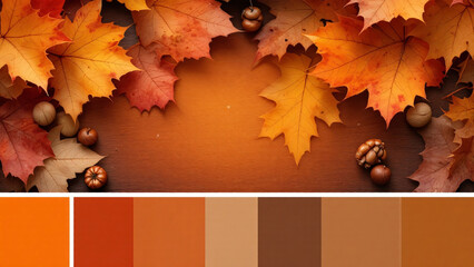 Autumn Harvest: Close-up of colorful leaves and acorns on textured background